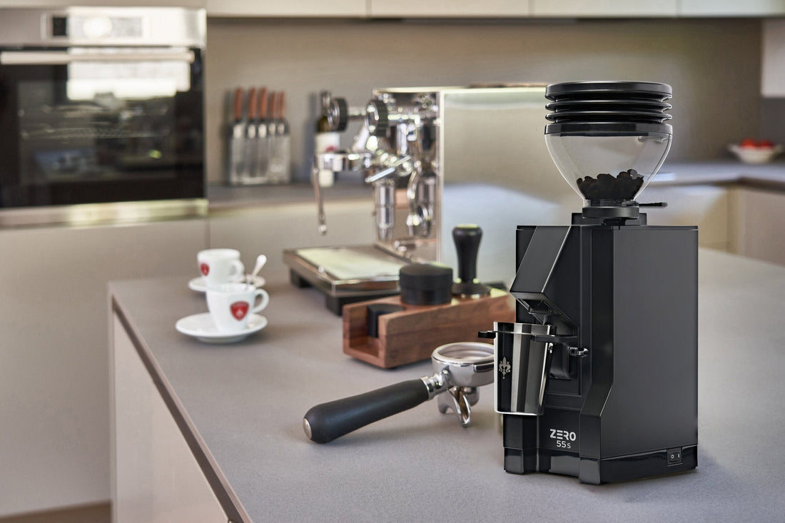 Espresso grinder and machine on a home kitchen counter